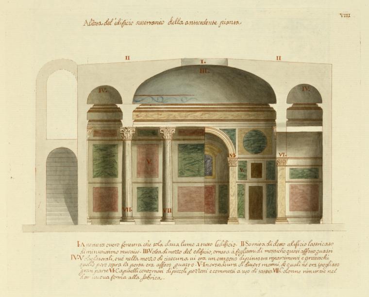 the image shows an architectural drawing of the elevation of a building. the drawing includes details such as a dome, columns, mosaic patterns, and interior design elements. the building appears to be richly decorated with marble and mosaic, and the drawing provides a perspective view of the interior.