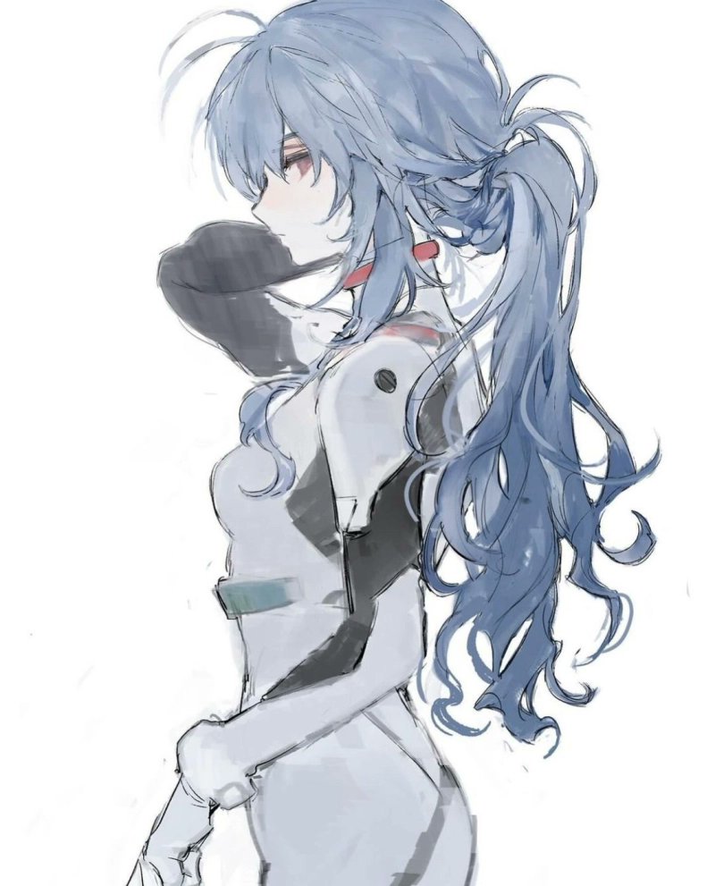 a stylized drawing of a young woman with long, flowing blue hair styled in a side ponytail. she's wearing a formfitting white suit with some mechanical detailing, suggesting a futuristic or scifi setting. her head is slightly turned away from the viewer, and her expression is downcast, conveying a sense of sadness or longing. the overall aesthetic is soft and ethereal, characterized by delicate linework and a muted color scheme.
