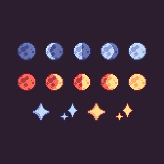 this image contains a collection of pixel art icons, primarily featuring different phases of the moon rendered in a pixelated, 8bit style. the top row showcases the moon in various shades of blue and gray, depicting its cycle from new moon to full moon. the second row presents the moon in warm tones of orange and red, possibly representing a lunar eclipse or a stylistic choice. additionally, there are sparkling star icons below, adding to the celestial theme. the dark purple background further emphasizes the glowing effect of the moon and stars.
