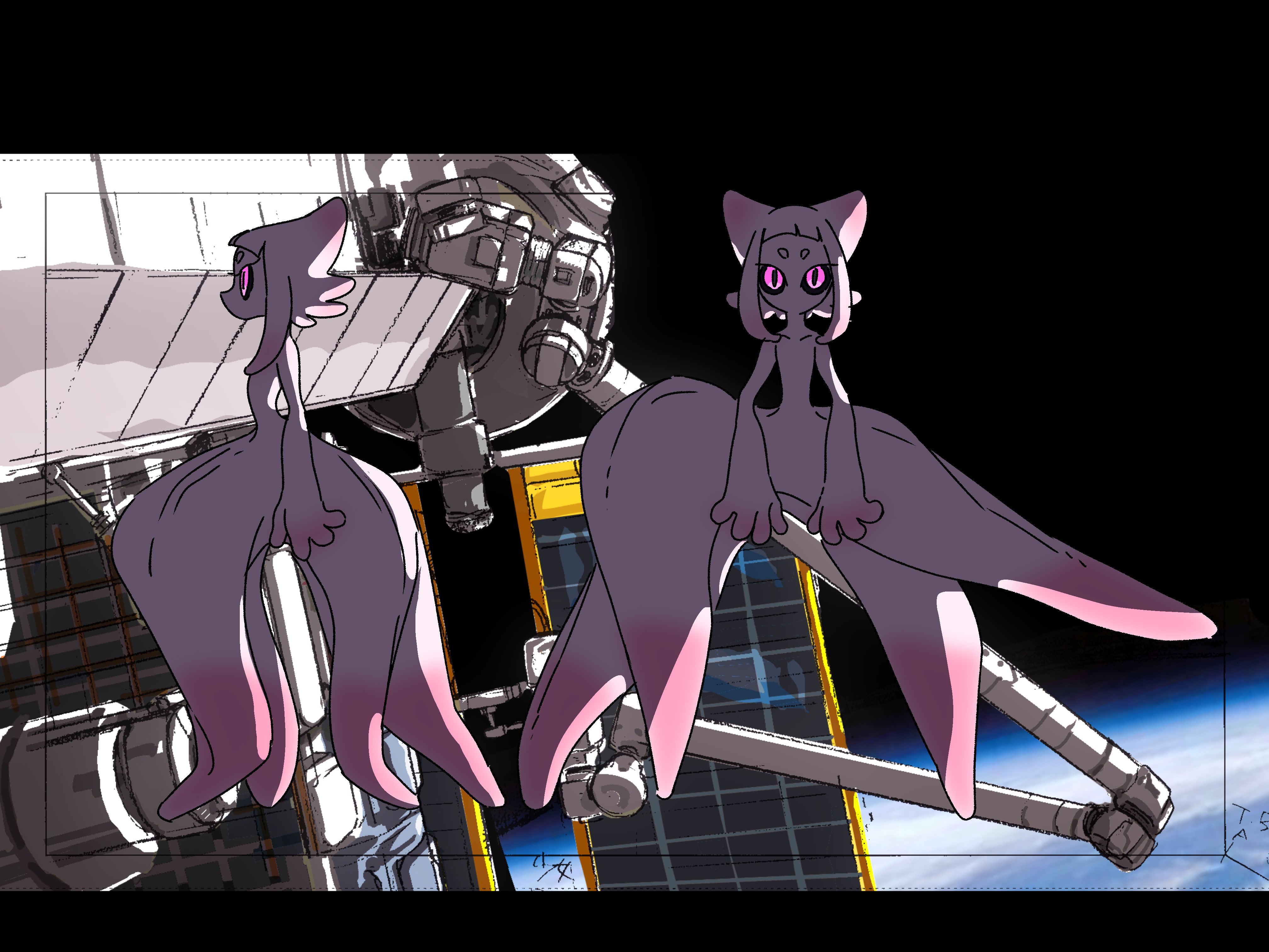 two stylized alien astronauts with large, flowing appendages and feline features float outside a space station, set against the backdrop of earth and the cosmos. they have  pink accents on their  appendages and large pink eyes.  their suits seem flexible and formfitting. the space station features intricate details, showcasing a blend of technology and design. the scene is brightly lit, suggesting a daytime setting in space.