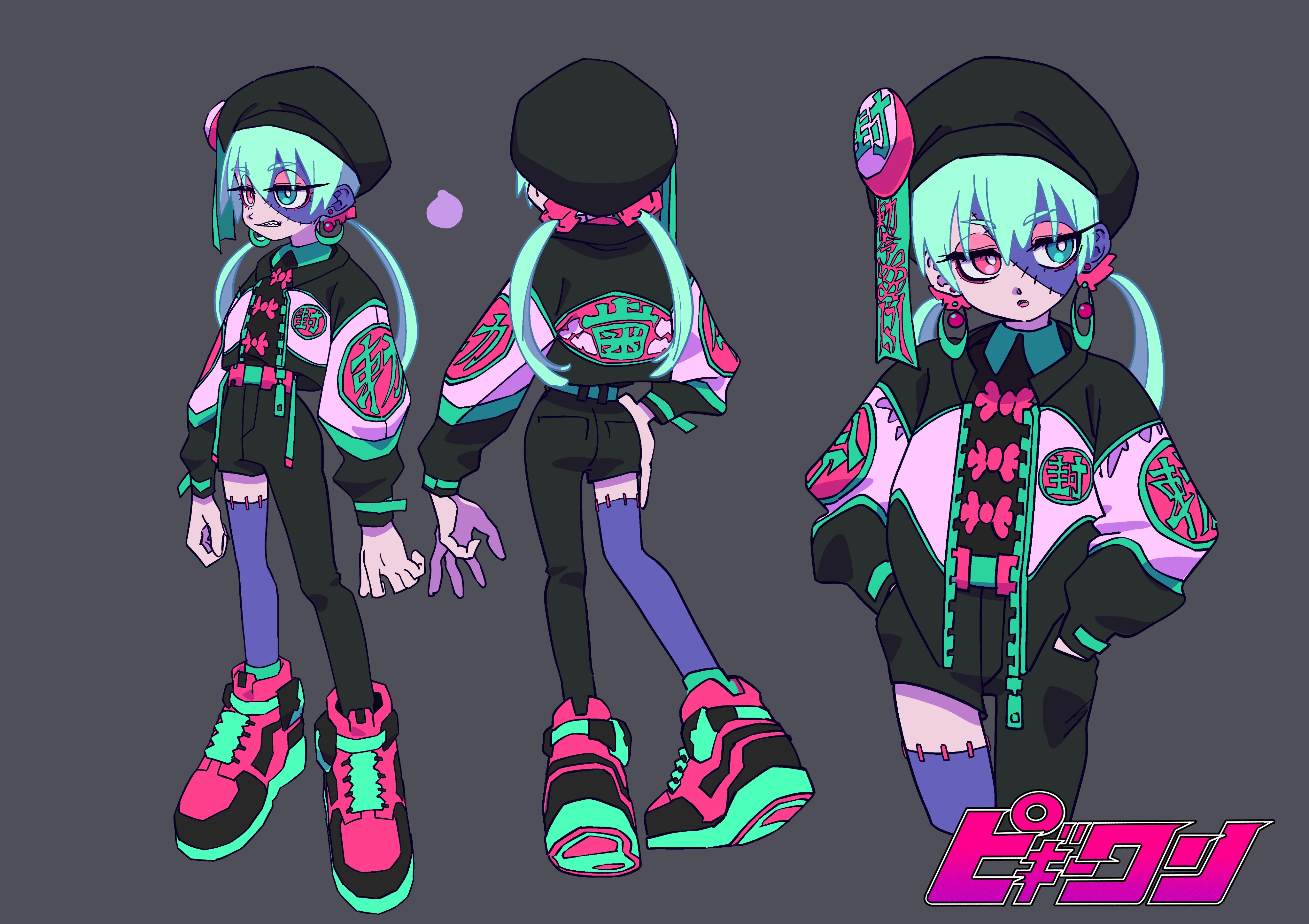 a pixel art character design sheet showing a girl in a streetwear outfit with a cyberpunk vibe. she has mint green hair and a black beret, with a teal and pink jacket adorned with japaneseinspired graphics. her outfit is completed with black pants, colorful sneakers, and accessories. the background is dark grey.