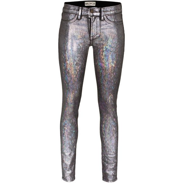 a pair of silver metallic skinny jeans.