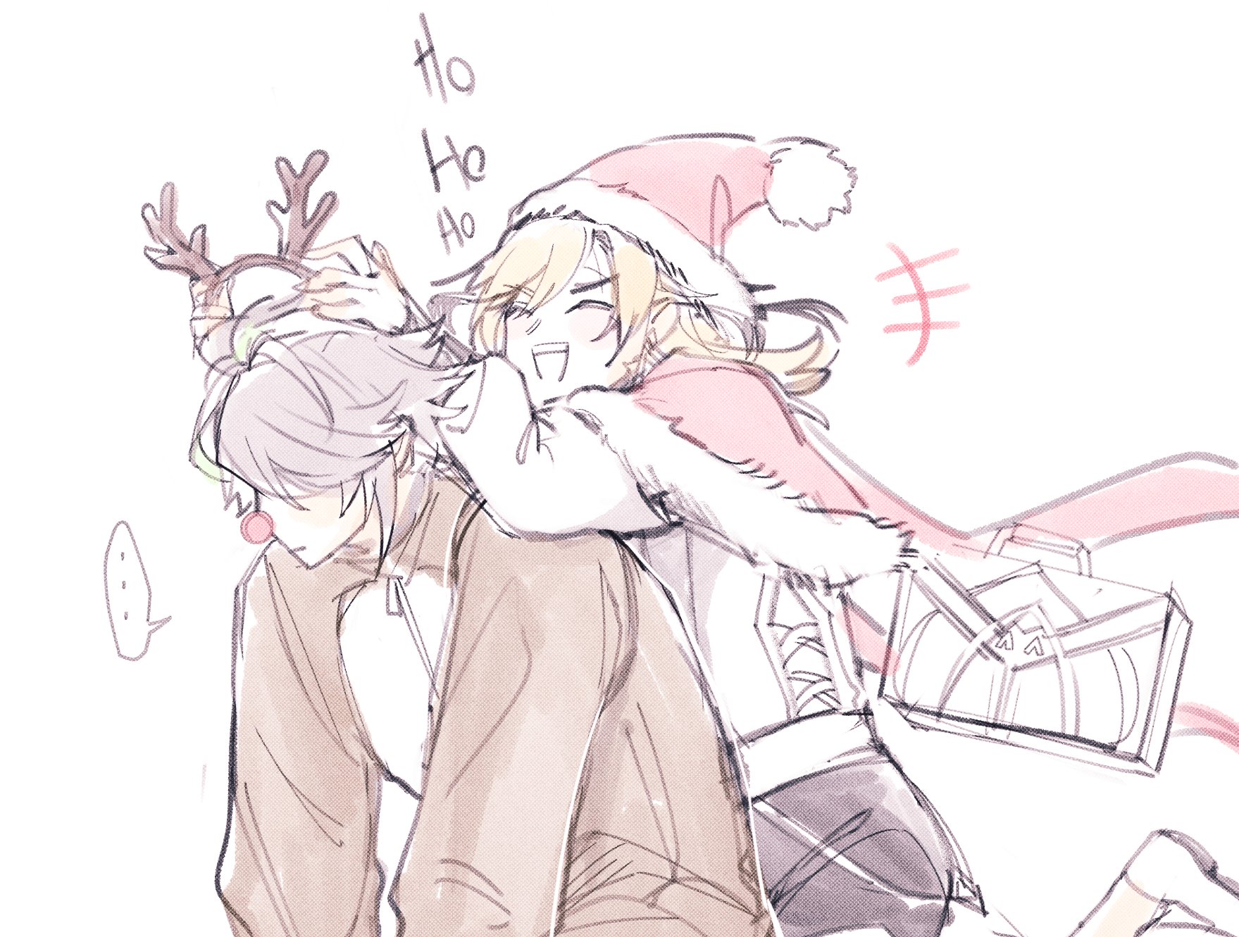 this is a drawing of a young man and a young woman. the woman is wearing a santa hat and a coat. the man is wearing a brown coat and has reindeer antlers on his head. the woman is hugging the man from behind and they are both smiling. the drawing is in a simple style and is done in a soft, light color palette. the background is white. the couple is enjoying their christmas holiday together.