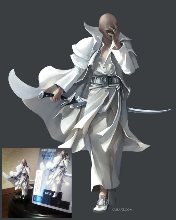 the image showcases a digitally rendered statue of a male fantasy character. he's dressed in flowing white garments and wields a scimitar. the figure exudes an air of elegance and power. a smaller image at the bottom depicts a physical representation of the statue, emphasizing its tangible form.