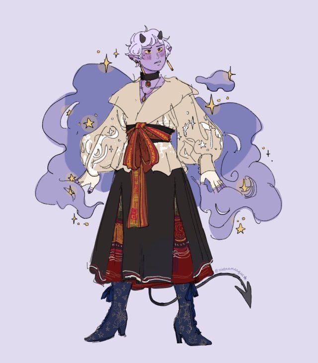 a purpleskinned, horned character with dark, styled hair in a  creamcolored collared shirt,  black skirt with red, gold, and white trim, a red belt with  golden tassels, and matching blue boots is illustrated against a background of purple and white clouds and stars.