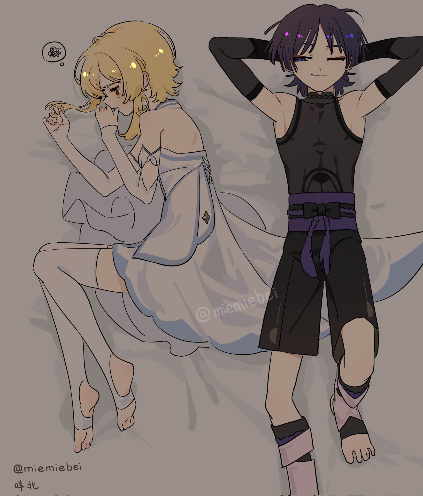 an illustration of an anime couple, a girl with long blonde hair and white clothes laying down and a boy with purple hair and black clothes. the girl is looking to the side while the boy looks at her with a smile. the girl is blushing. the two are lying in bed together, with their heads close together. the image is drawn in a light, colorful style with soft shadows.