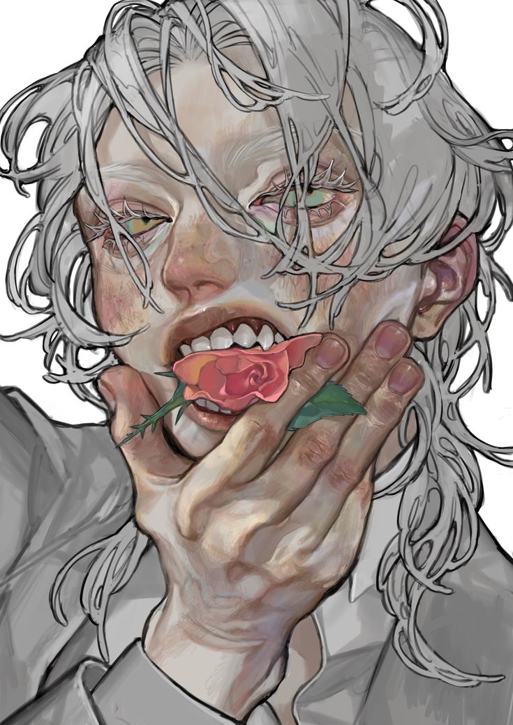 the image is a digital painting or illustration of an androgynous character with long, messy white hair. they have pale skin, intense green eyes, and sharp teeth slightly visible in a slightly open mouth. they are holding a single red rose close to their face, which is partially obscured by their hair. the character is wearing what seems to be a gray suit and has a very expressive, almost dramatic facial expression. the art style blends anime/manga influences with a more realistic approach to detail and shading, creating a striking and emotional portrait. the overall mood is somewhat melancholic or mysterious.