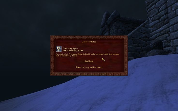 this is a screenshot from a video game.  the player has just arrived at frosterag spire.  the game is telling them to go inside the tower, and provides a quest update.   the screenshot is taken from the perspective of the player, so they are looking at a game menu or interface.