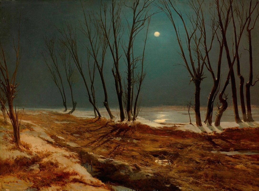 the image is an oil painting of a winter landscape. it is night and the moon is out, casting a glow on the snow. the trees are bare and their shadows stretch across the ground.