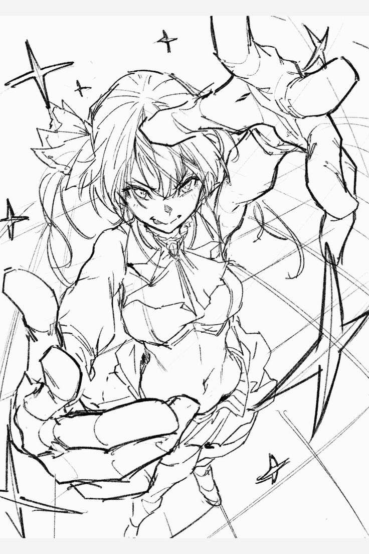 a dynamic sketch of an anime girl in a powerful pose.  she is depicted with expressive eyes and a determined expression. her clothing is stylized, and the overall style is energetic and actionoriented. the sketch is done in pencil, with visible lines and shading.  there are sparkles or light effects around her, enhancing the dynamic energy of the pose. the style is reminiscent of concept art or preliminary character design.