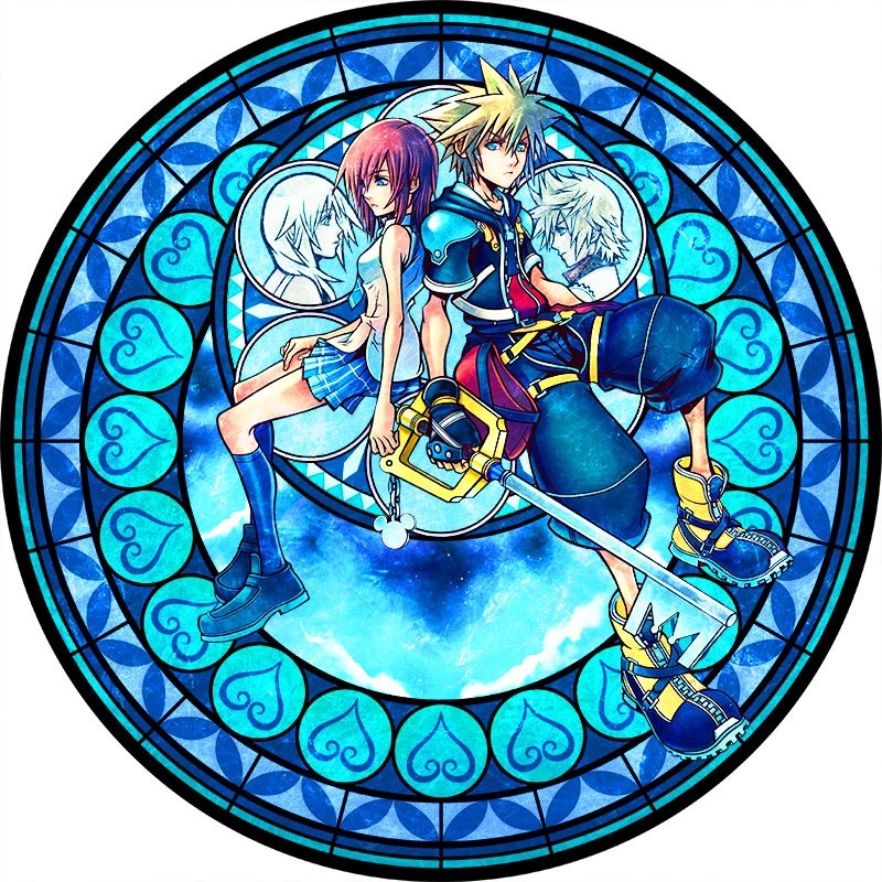 this is a circular stained glass illustration featuring characters from the video game series kingdom hearts. in the center, sora and riku stand backtoback, holding their keyblades. kairi is on sora's left, while roxas and namine appear in the background within hearts. the design features a predominantly blue palette, with the characters standing against a cloudy sky. the style is reminiscent of traditional stained glass windows.