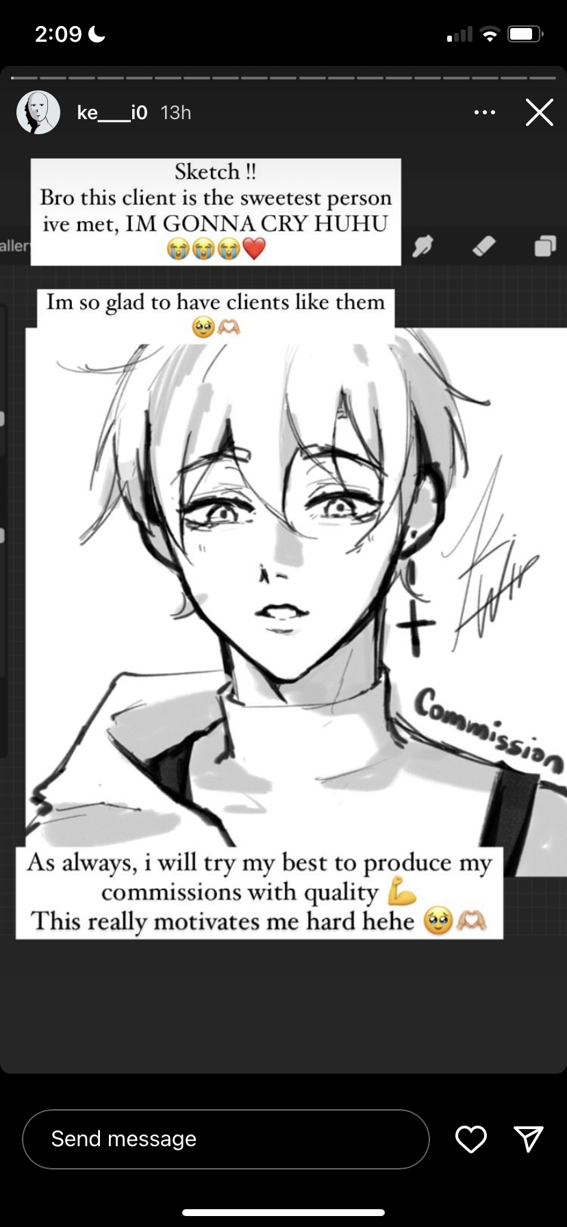 a screenshot of an artist's post on social media about a client who commissioned a sketch. the artist expresses their gratitude for the client's kindness and their motivation to produce highquality work. the sketch is of an animestyle character with short, tousled hair and a surprised expression.```
