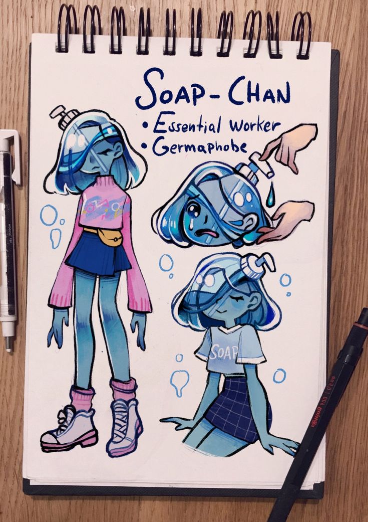 the image is a handdrawn illustration of three animestyle girls. the top girl has a blue head shaped like a bottle of soap, a pink shirt, blue shorts and white sneakers.  she is labeled as an "essential worker." below her is a blue head shaped like a bottle of soap with a crying face. the bottom girl has a blue head shaped like a bottle of soap, a light blue shirt with the word "soap" on it, a plaid skirt, blue hands and feet, and white sneakers.  she is labeled as a "germaphobe."   the background is a white notebook.