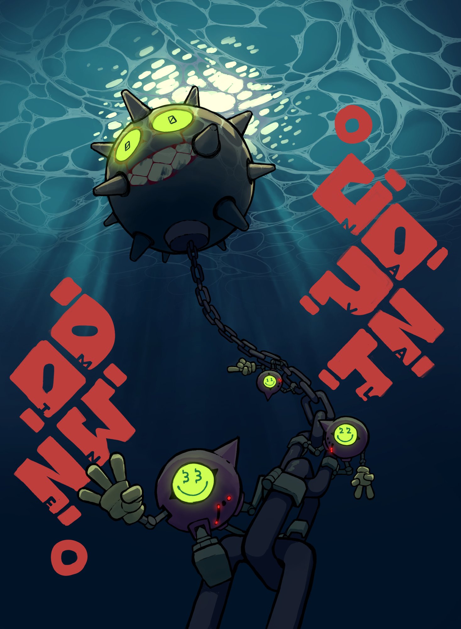 three cartoon robots are underwater, blissfully unaware of a large, spiked mine descending towards them. the mine has a menacing grin and glowing eyes, while the robots have simple smiley faces and glowing green eyes. the scene is lit dramatically from above, highlighting the robots and the approaching danger. the text "it's fine," written upside down, adds to the humorous and ironic tone of the image.