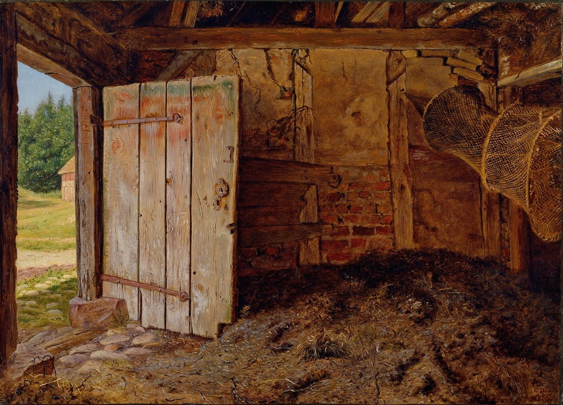 the painting depicts the interior of a barn. a partially open wooden door leads to a view of a rural landscape with trees and a small building in the distance, illuminated by sunlight. inside the barn, there's a pile of hay on the ground. the walls are a mix of exposed brick, wood, and plaster. two nets hang in the corner of the barn. the painting uses a warm, earthy palette.