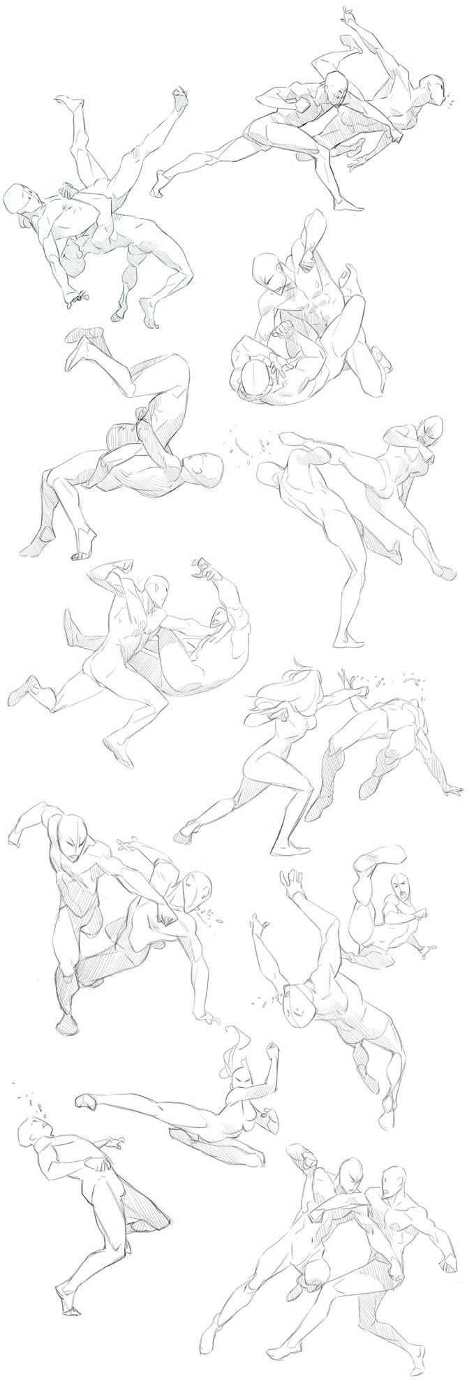 this image shows a drawing of multiple sketches of people in different poses. the drawing is done in pencil and has a light and sketchy feel. the poses are dynamic and expressive, showing a range of movement and action. some of the figures are in pairs, suggesting a close connection between them.