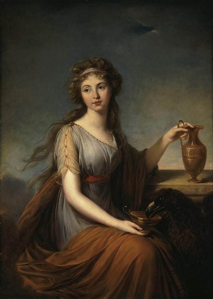 this is a classical style portrait of a young woman, possibly depicting a figure from greek mythology. she is wearing a flowing, pale blue and terracottacolored dress with a gold belt. she sits gracefully, holding a small gold object in her right hand. a black eagle rests beside her, its beak dipped into a shallow bowl. in the background, a stone ledge holds a decorative golden jug. the lighting is soft and diffused, creating a serene and timeless atmosphere.