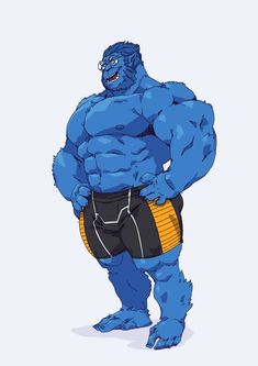 this image is of a blueskinned, muscular humanoid character with dark blue hair and sideburns. he wears blackrimmed glasses, black athletic shorts with yellow stripes, and has a muscular, powerful physique. the character bears a resemblance to the marvel comics character beast.