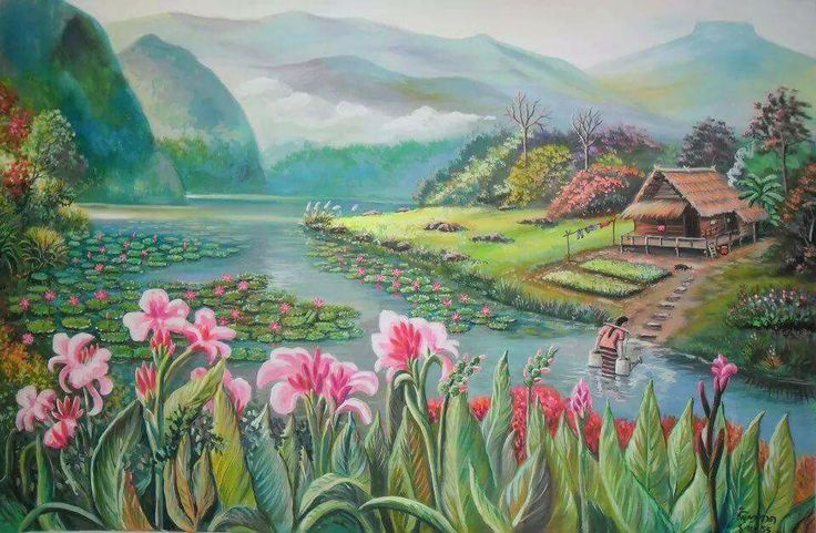 the painting depicts a serene and idyllic rural landscape.  the scene features a calm lake surrounded by lush green vegetation, including vibrant pink canna lilies in the foreground and water lilies on the lake's surface. rolling green hills and mountains form a dramatic backdrop. a small, traditionalstyle hut is situated near the water's edge, with a person seemingly washing clothes nearby. the overall atmosphere is peaceful and tranquil, showcasing the natural beauty of a likely southeast asian countryside. the colors are rich and vibrant, contributing to the painting's idyllic charm.