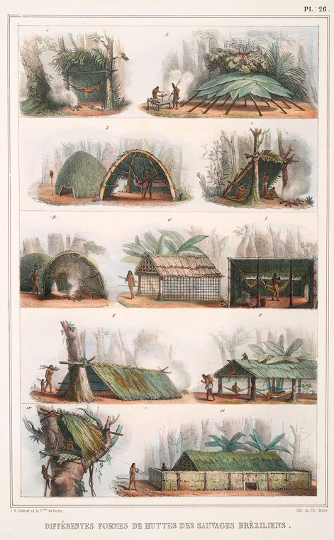 the image is an illustration depicting various forms of huts used by brazilian indigenous people, showcasing different architectural styles and construction techniques using natural materials found in the rainforest. the structures are numbered and appear to represent different tribal or regional styles. people are shown interacting with some of the huts. the illustration includes lush foliage and trees, indicative of a tropical environment.