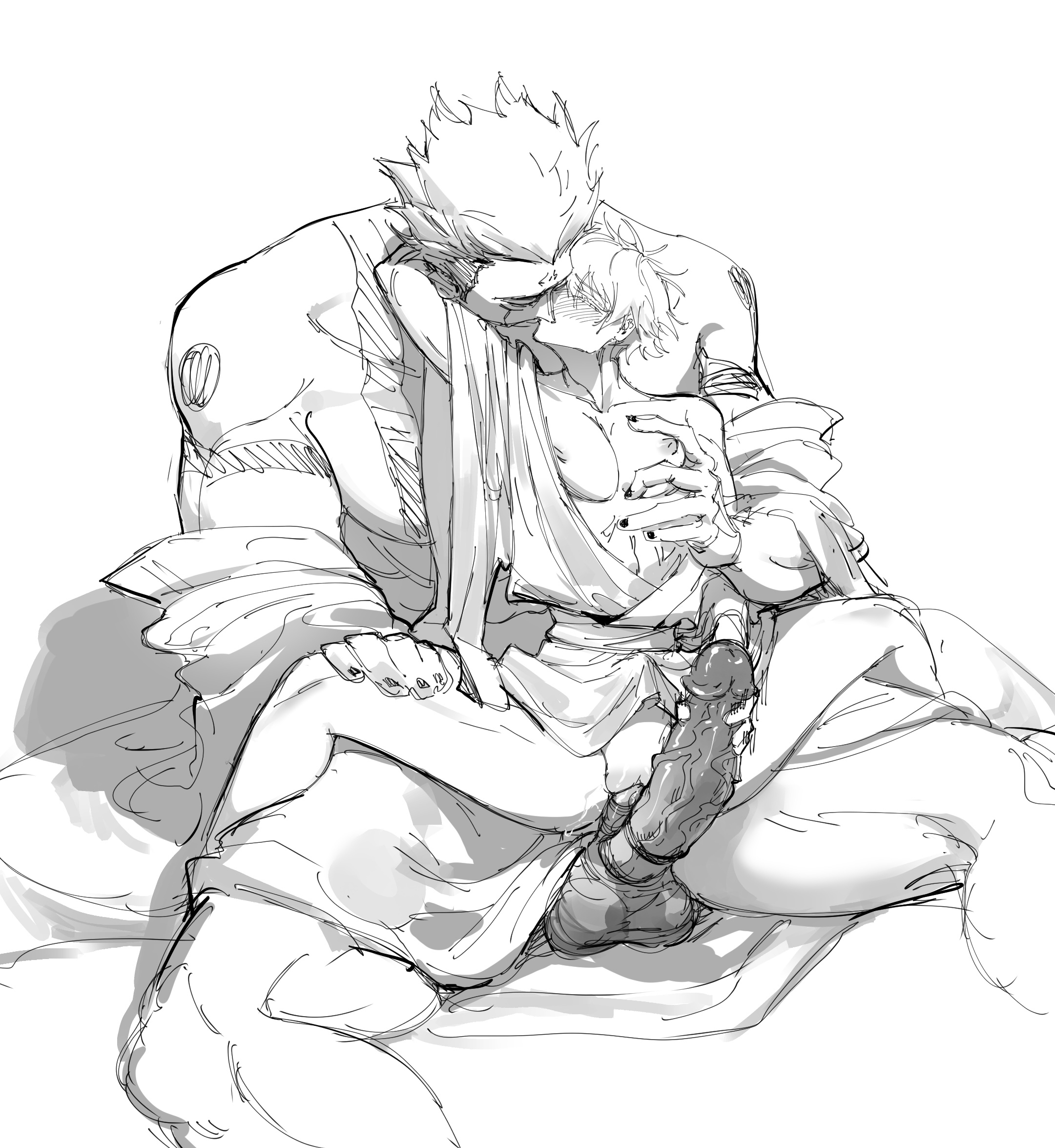 a black and white sketch depicting two men intimately embracing. the larger man is holding the smaller man close, their faces are close together suggesting a kiss. the smaller man is draped across the larger man's lap. the style is suggestive of yaoi manga, with the intimacy and body language conveying a romantic and sexual relationship between the two figures. there is an emphasis on line work and shading to create depth and emotion. the drawing style is loose and expressive, with visible strokes and shading.  a significant detail is the depiction of genitalia.
