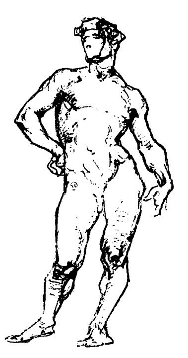the image is a black and white line drawing of a nude male figure.  the figure is depicted standing in a relaxed pose, with one hand on hip, and is rendered with detailed anatomical accuracy, showing musculature and body proportions. the style is reminiscent of classical or antique art, suggesting a study of the human form. the lines are expressive and somewhat rough, giving a sense of immediacy and spontaneity.
