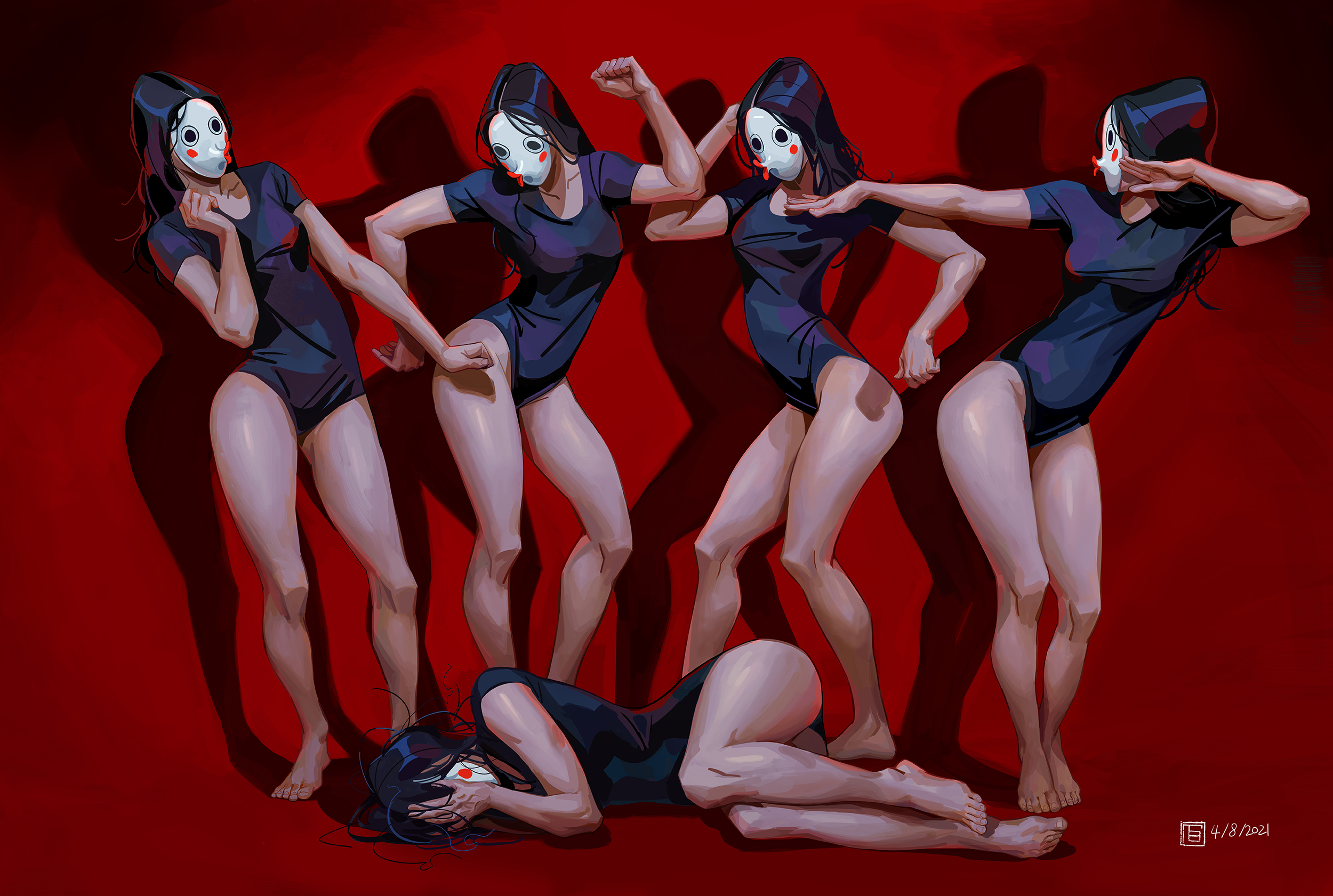 the image is a digital painting depicting five women in dark blue leotards and white masks with red dots, arranged in dynamic poses against a solid red background. their movements suggest a synchronized dance or performance. one additional woman lies on the ground, her face hidden in her hands, creating a contrast between the energetic masked dancers and the seemingly distressed woman. the overall style is stylized and surreal, with a focus on the expressive lines and poses of the figures and their interplay with shadow and light. the colors are primarily dark blue, red, and white, creating a strong visual impact. the artwork carries a sense of mystery and drama.