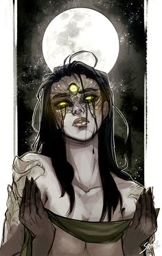 this is a digital drawing featuring a female character against a night sky with a full moon. she has pale skin, long dark hair, and four eyes with yellow irises, two of which are on her forehead. her expression is melancholic. she's wearing a torn, flowing garment that exposes her shoulders and arms. there are hints of intricate detail, suggesting a creaturelike appearance, particularly around her eyes and fingers.