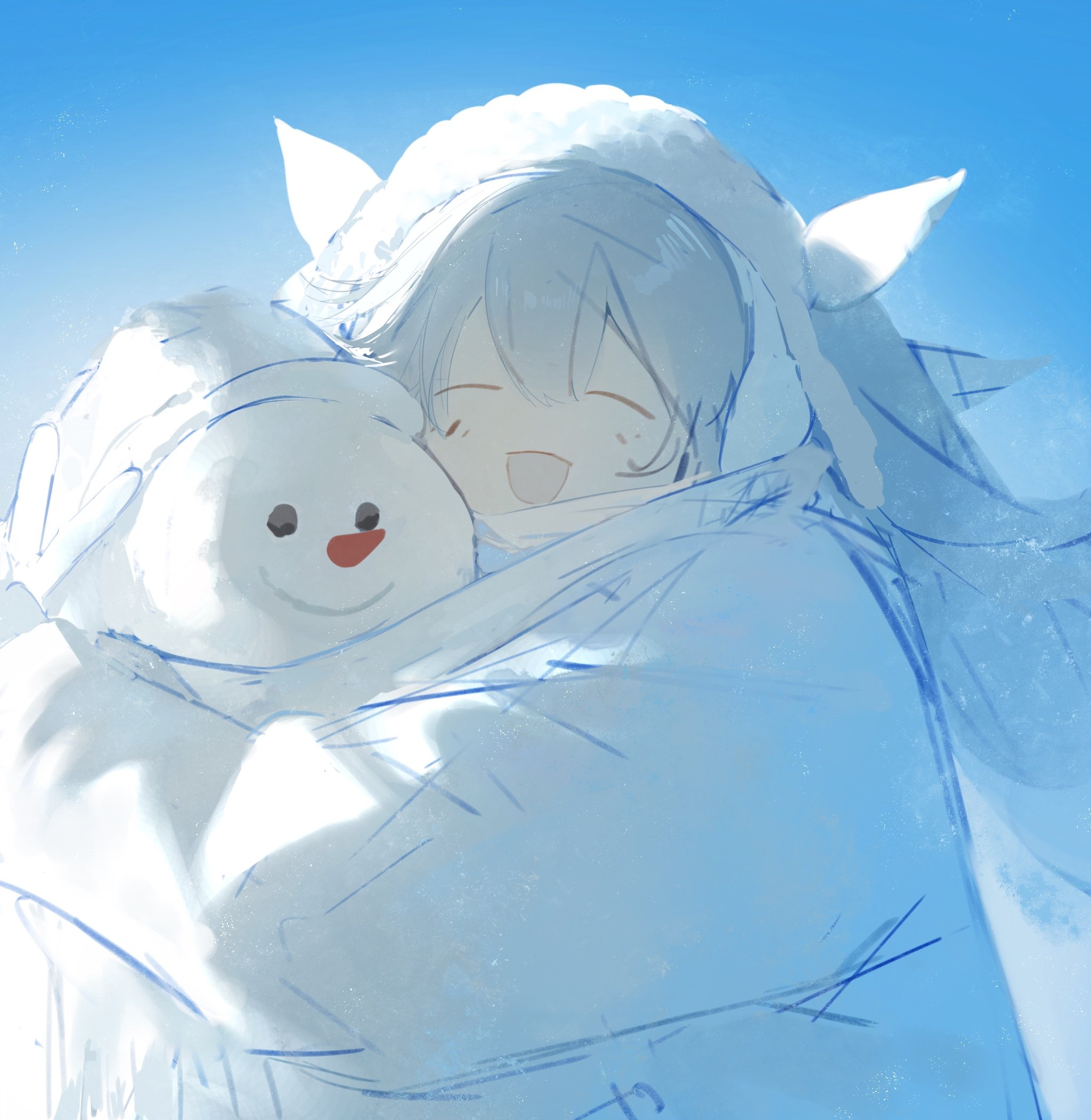 he image is a digital painting of an animestyle girl bundled in a large, fluffy, light blue winter coat, hugging a small snowman.  the overall style is soft, pastel, and dreamlike, with a focus on light and gentle colors.  the girl's expression is one of pure happiness and contentment, and the overall mood of the piece is peaceful and serene. the background is a clear, light blue sky. the lines are soft and sketchy, giving a light and airy feel.