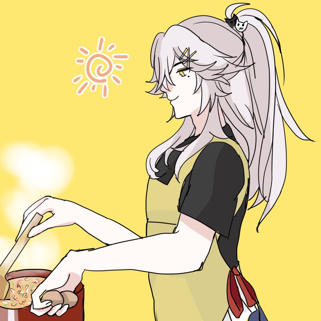 this is a digital illustration of a young anime girl with long white hair, wearing a yellow and red apron while cooking in the kitchen. she is stirring a pot of food with a wooden spoon. the girl is smiling as she cooks. the background is yellow and there is a sun in the corner.