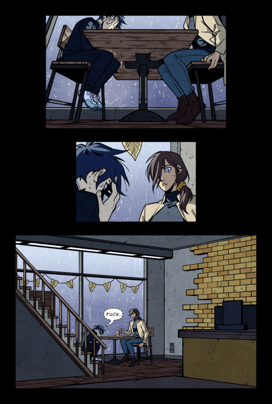 the image is a threepanel comic in grayscale. it depicts a tense scene between two people at a cafe on a rainy day. in the first panel, we see them sitting opposite each other, their body language closed off. the second panel zooms in on their faces, highlighting their frustrated expressions. the final panel shows the woman looking exasperated, while the man sits with his head down, the word "fuck" written above him. the cafe setting is simple, with a counter, tables, and a window overlooking a rainy street.  the overall tone is somber and melancholic.