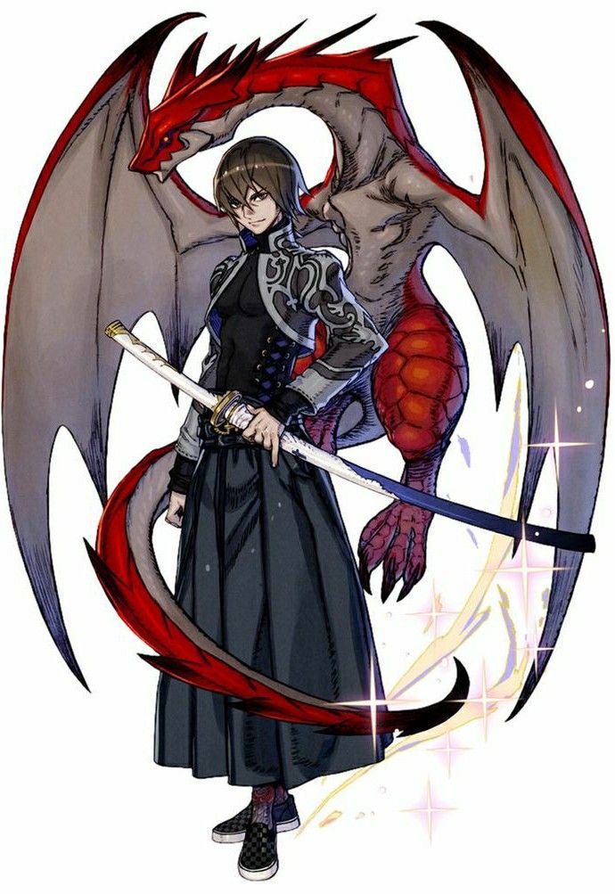 a young man with short brown hair and glasses stands with a drawn katana in front of a red and gray dragon. the man wears a long black coat with grey trim over a black kimonostyle garment and black and white shoes. the dragon has large wings, a long tail, and sharp claws.  the background is plain white.
