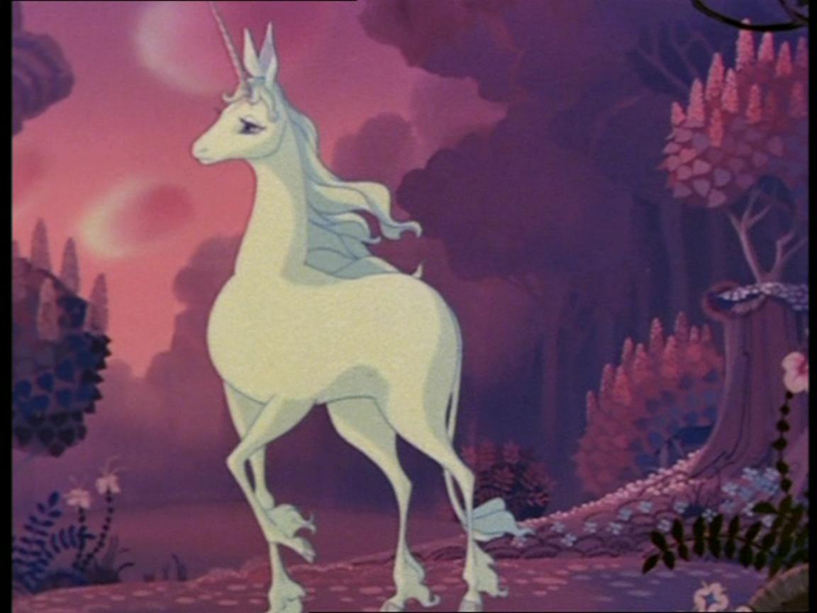 a white unicorn stands in a magical forest. it is a cartoon unicorn with a long, spiraling horn. the unicorn's coat is white and its mane is long and flowing. the forest is painted in shades of pink and purple, with flowers and trees growing everywhere.