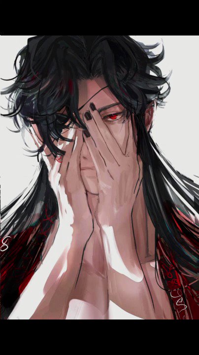this is a digital illustration of an anime man with long black hair. he is wearing a red and black shirt. he is covering his face with his hands, with only his red eyes visible. the drawing is done in a stylized way, with smooth lines and vibrant colors. the overall mood is somber and introspective.