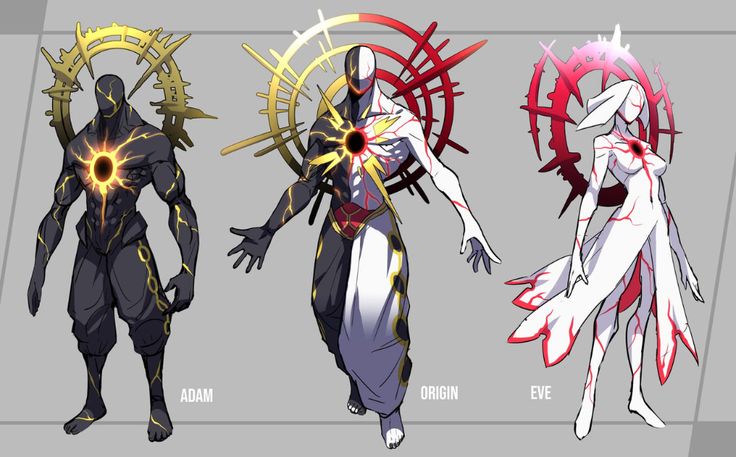 a digital illustration depicting adam, eve, and origin as three figures representing the holy trinity in christianity. adam is dressed in black with a golden halo, eve is in white with a red halo, and origin is in black and white with a halo of gold and red. each figure has a dark circle in the center of their chest.