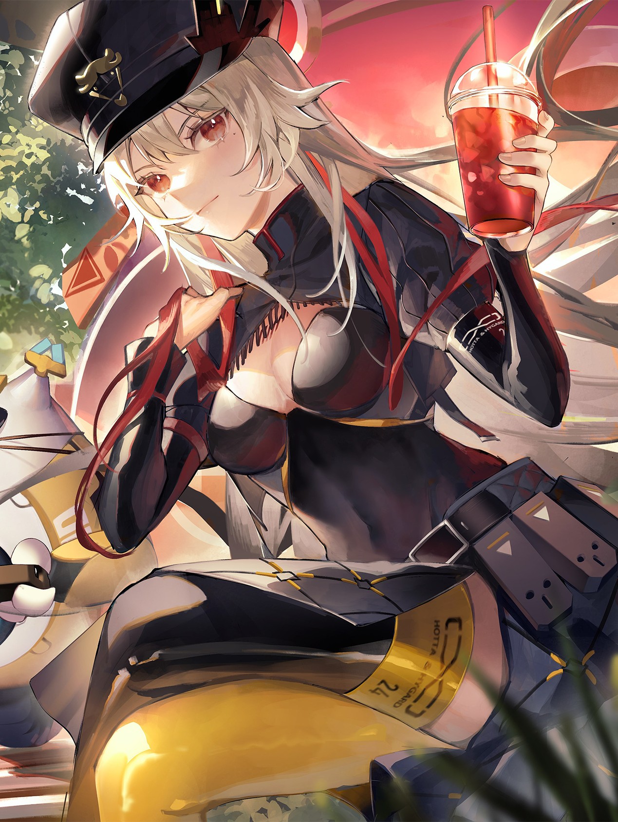 a young anime woman with long white hair, red eyes, and a black hat is sitting and holding a glass of red soda. she is wearing a black and red outfit. there is a large yellow object behind her.