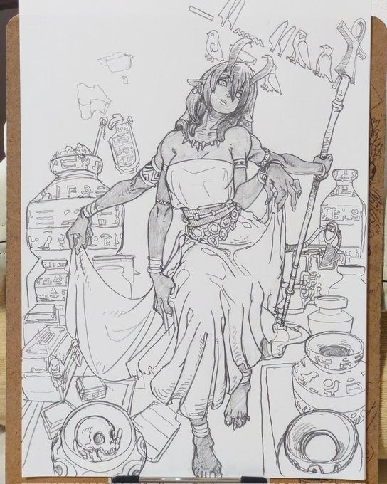 a detailed black and white sketch depicts a fantasy character, possibly of egyptian or ancient origins. the female figure has four arms and is adorned with jewelry, a layered skirt, and a headdress. she holds a staff with birdlike decorations. the character is surrounded by pottery, jars, and a skull, adding to the fantastical and potentially mystical atmosphere. the drawing is done in line art style with attention to perspective and details.