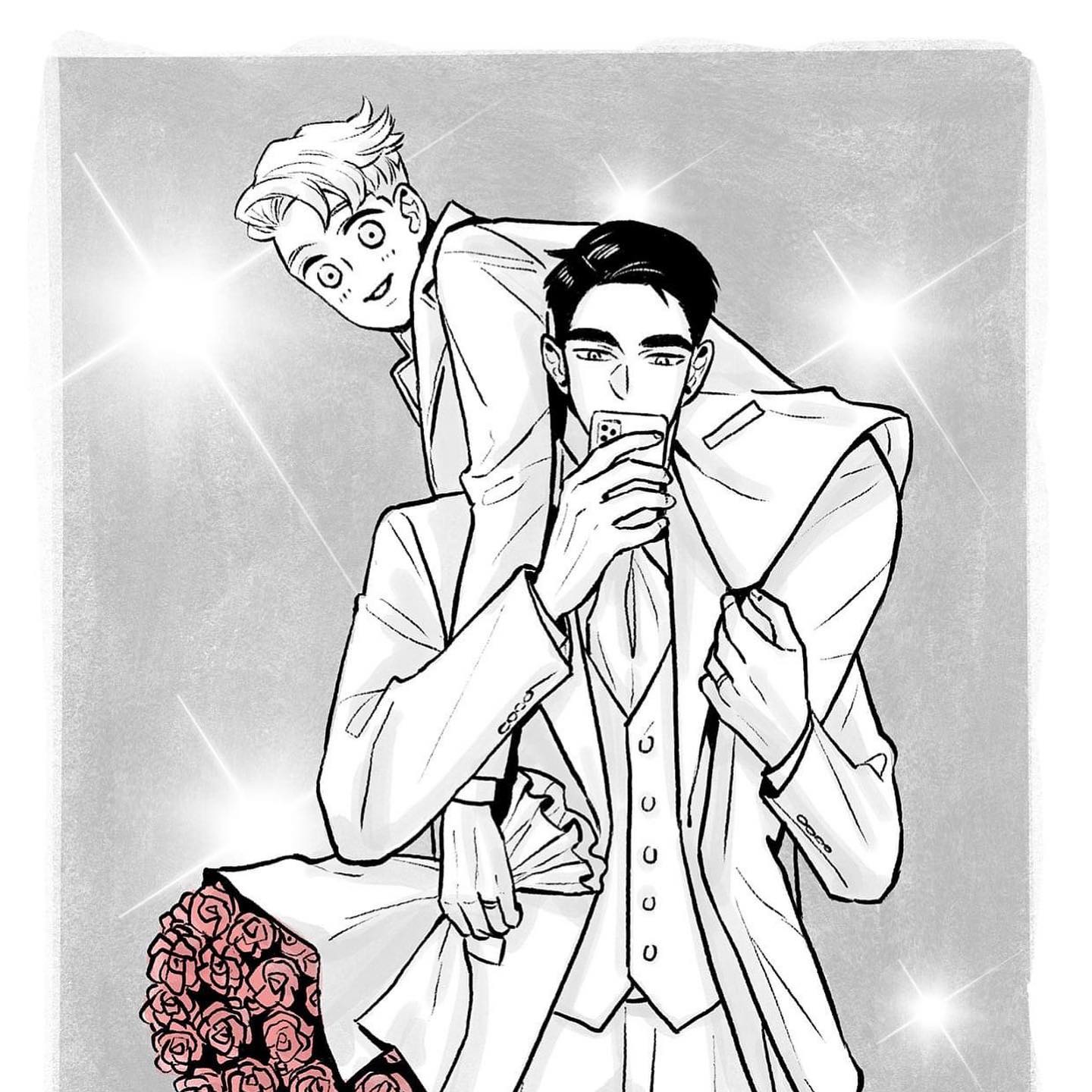 the illustration is a black and white comicstyle drawing of two men in suits.  one man is giving the other a piggyback ride. the man on top is holding a phone, seemingly taking a selfie.  the man on the bottom is dressed in a more formal suit with a vest.  they appear happy and celebratory, perhaps at a wedding, suggested by the roses at the bottom of the image. the style is reminiscent of manga or webtoon art. the background is light gray with sparkles adding a celebratory mood.