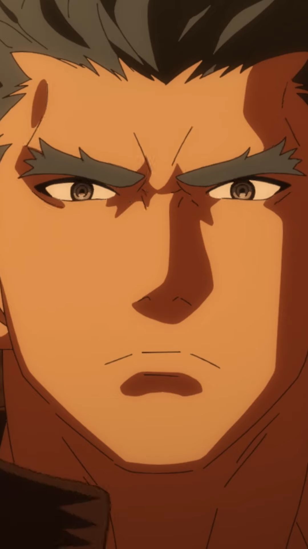 a closeup illustration of a man with short gray hair and a determined expression. he has a strong jawline and furrowed brows. the color palette is warm and earthy.