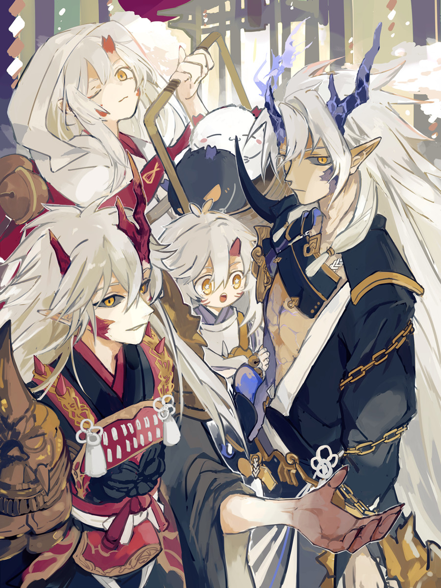 the illustration depicts a group of four anime characters.  the central character is a male figure with long white hair, wearing black armor, holding a sword.  to his right, is a female figure, with white hair and a red kimono with gold accents.  to his left is another male figure, wearing white with gold accents, holding a weapon that looks like a stick.  in the background, a female figure with long white hair is also present, holding a stick.  the image features the traditional japanese design,  and the characters seem to be close friends.