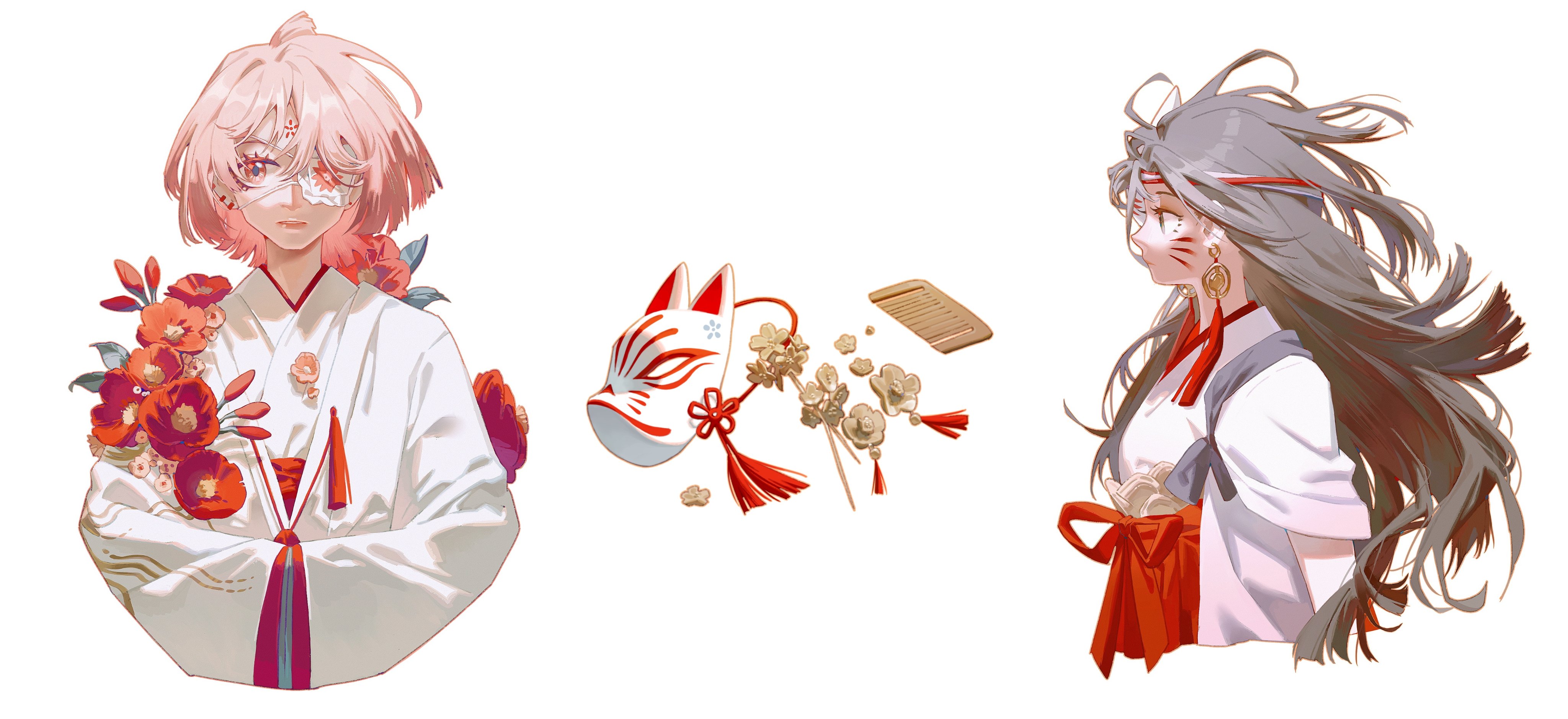 two anime girls in white kimonos are depicted in this illustration. the girl on the left holds a bouquet of red flowers and has an eye patch covering her right eye.  she is also wearing a white mask with red details around her neck. the girl on the right has long flowing gray hair and a red tassel hanging from her ear. she is wearing a red headband with a white trim. there is also a red fox mask with a white design on the side. the background is white.
