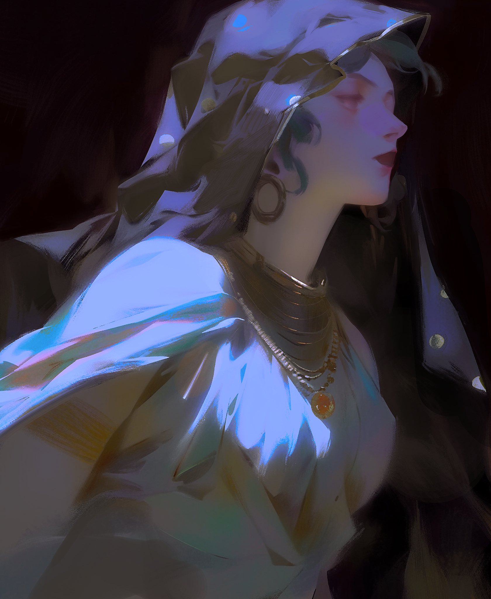 the artwork depicts a woman with long dark hair wearing a hood and an elegant, flowing gown. she is adorned with a necklace and earrings. her face is partly obscured by the hood, and her eyes are closed. the artwork has a mystical and ethereal quality, with soft lighting and vibrant colors. the woman's expression suggests mystery and perhaps sadness, and her gaze is directed downwards.