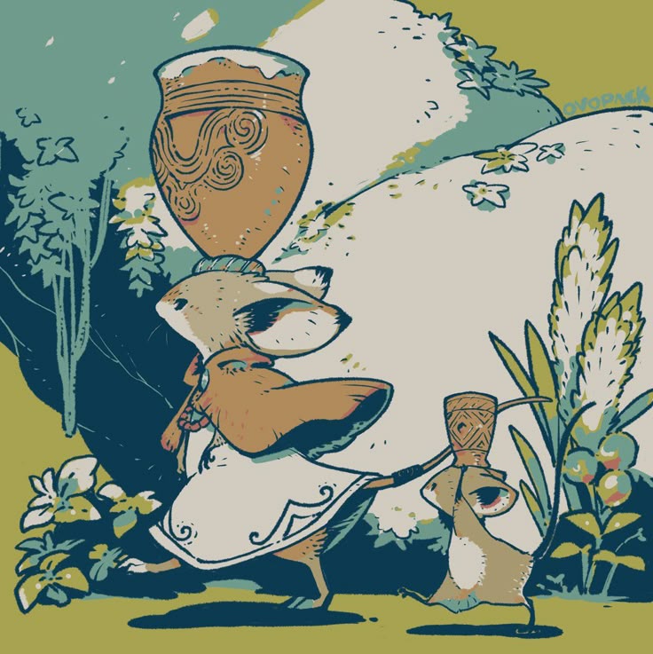 an illustration shows a mouse balancing a large pot on its head, walking in a forest setting. another smaller mouse is also balancing a small pot on its head, using a stick for assistance. flowers and trees are in the background.