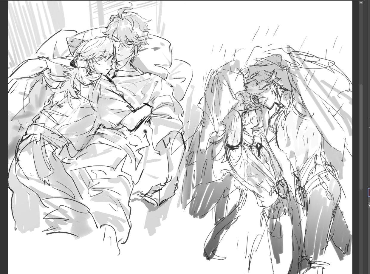 this is a drawing of a couple in two different scenarios. the first scenario shows them sleeping in bed, with the male character cuddling the female character. the second scenario shows them standing and hugging each other, with the male character looking down at the female character. both scenarios convey a sense of intimacy and affection. the drawing is in black and white and has a rough, messy style. it is emotional and expressive, capturing the tenderness and love between the two characters.