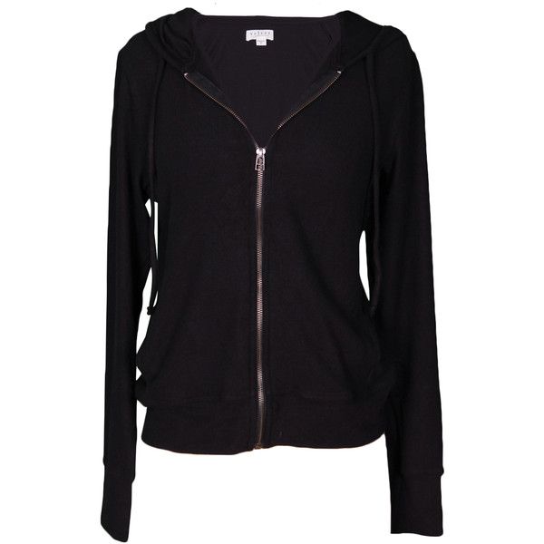 a black hooded jacket with a zipper is shown.