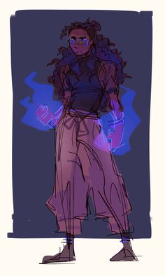 a confident woman stands with glowing blue fire in her hands. she's wearing loosefitting pants and a sleeveless top. her hair is big and curly. the background is a dark blue.