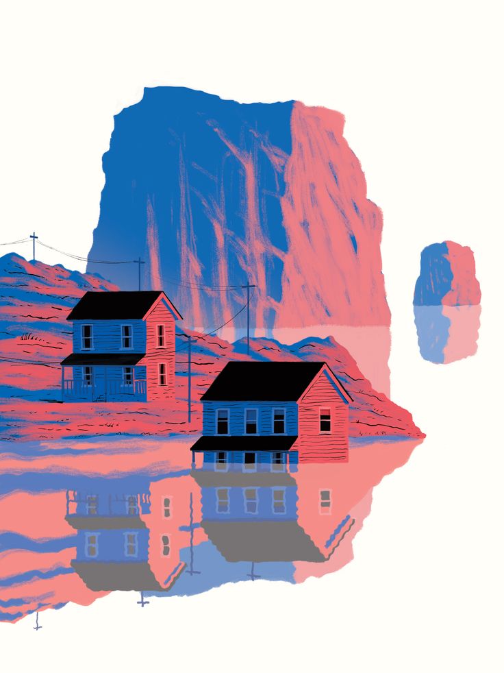the image showcases a captivating coastal landscape with two quaint houses nestled amidst the natural beauty of towering mountains and serene waters. the houses, painted in a soft, weathered pink, stand as testaments to the passage of time and the elements. their reflections shimmer in the tranquil water below, creating a sense of tranquility and solitude. the majestic mountains, rendered in shades of blue and purple, dominate the background, their imposing presence adding a touch of grandeur to the scene. the water, depicted in soft hues of blue and gray, reflects the surrounding landscape, enhancing the overall sense of peace and serenity. the use of light and shadow further emphasizes the contours of the mountains and the houses, creating a sense of depth and dimension. the overall composition evokes a feeling of isolation, beauty, and the enduring power of nature.