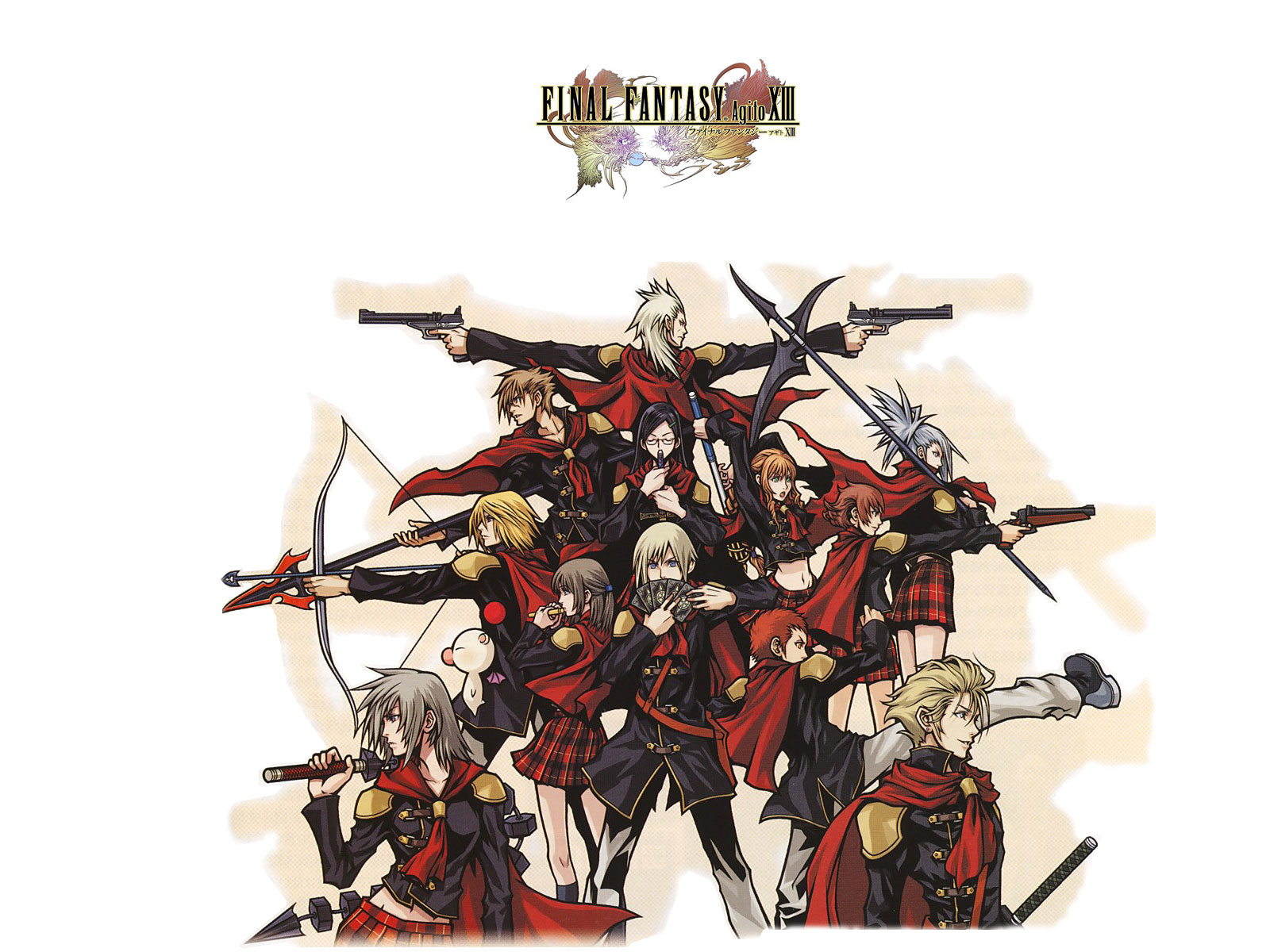 a promotional image for final fantasy xii.  it depicts the ten playable characters in their default outfits standing in a pyramid formation. vaan is at the forefront of the image, with penelo, fran, and larsa behind him to his right.  ashe, basch, and balthier are behind him to his left.  at the top of the formation from left to right are vayne, gabranth, and reks. all the characters are armed with their signature weapons. behind them is an offwhite background.  the final fantasy xii logo is at the top of the image.