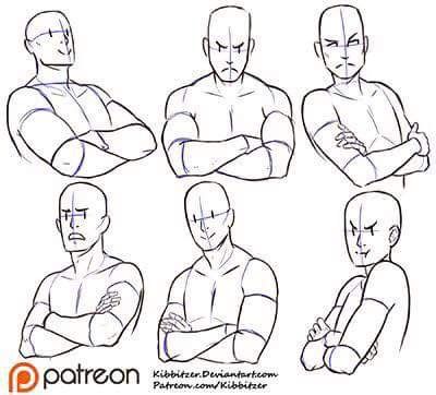 this is a drawing of 7 male figures in various poses with their arms crossed over their chests. each pose is slightly different and the poses are all drawn in a simplified style that is easy to understand.