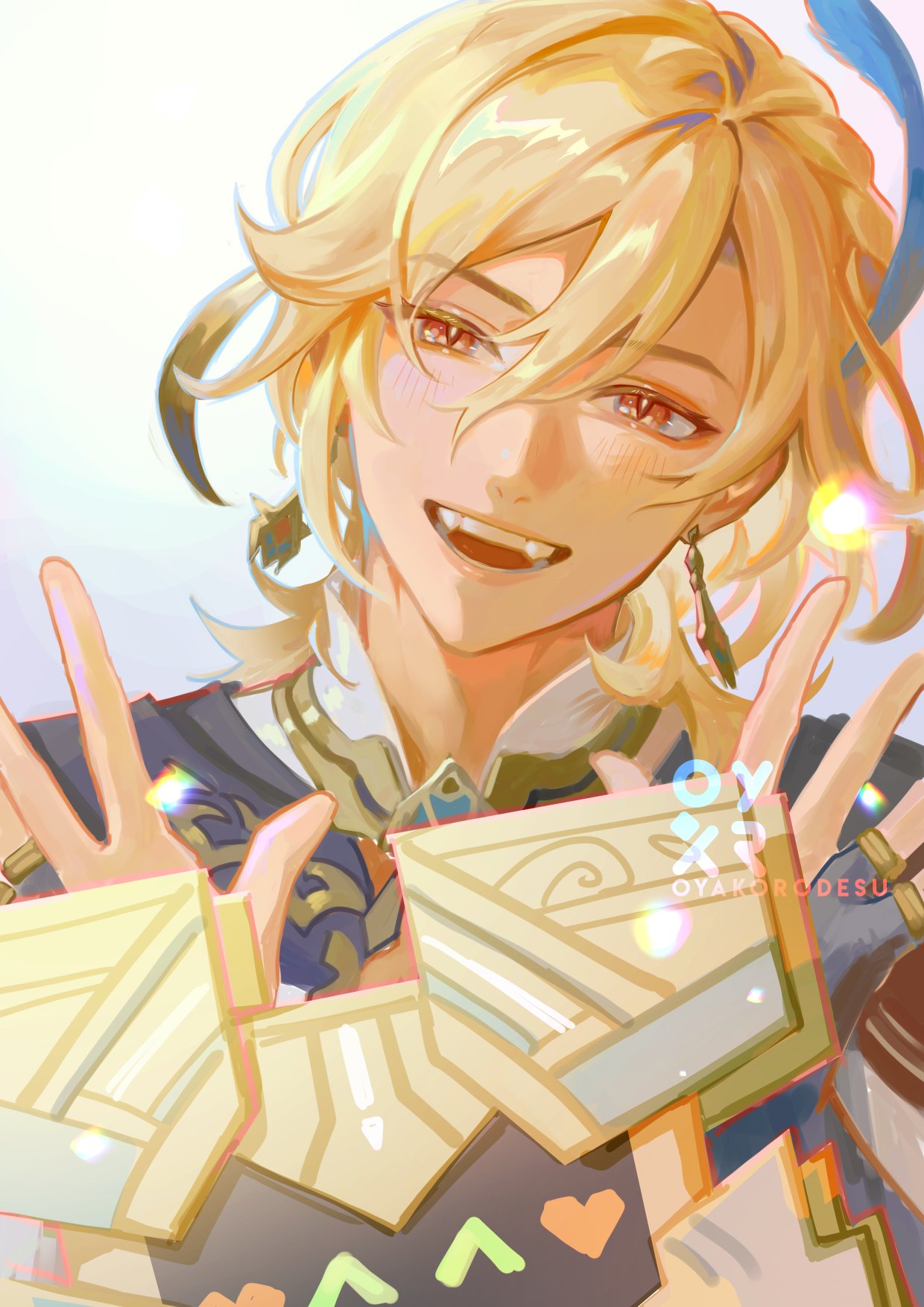a digital art illustration of albedo from genshin impact, he is smiling and looking directly at the viewer. his blonde hair is styled in a way that shows off his blue eyes, and he is wearing a yellow and blue outfit that is typical of his design. the background is a light pink and white color, and there are some holographic sparkles in the background.  the illustration is drawn in a very cute and stylized style.  the phrase "oyakorodesu" can be seen near the bottom of the image.